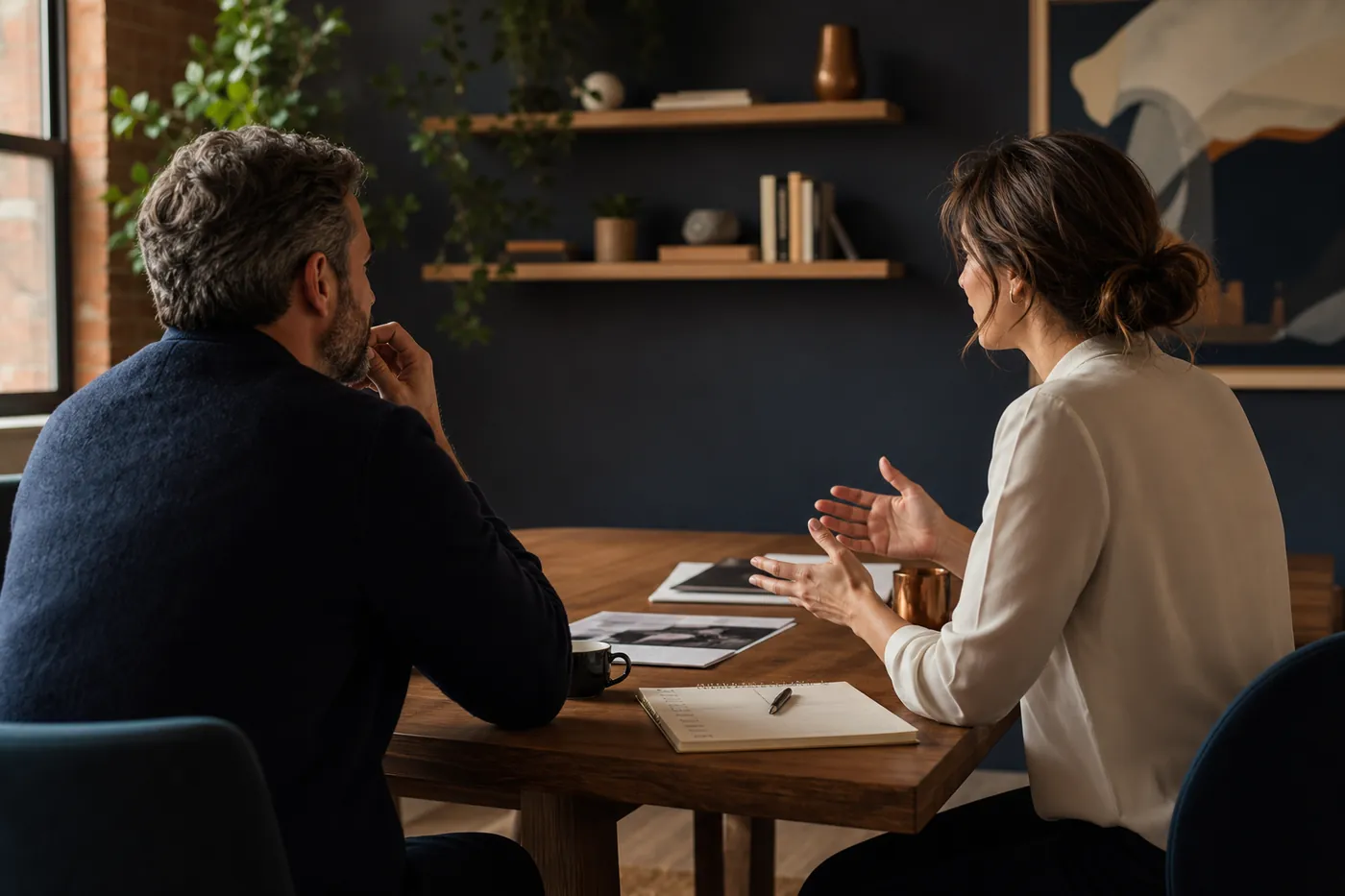 Two people in a thoughtful strategy conversation at a table with notes and coffee.