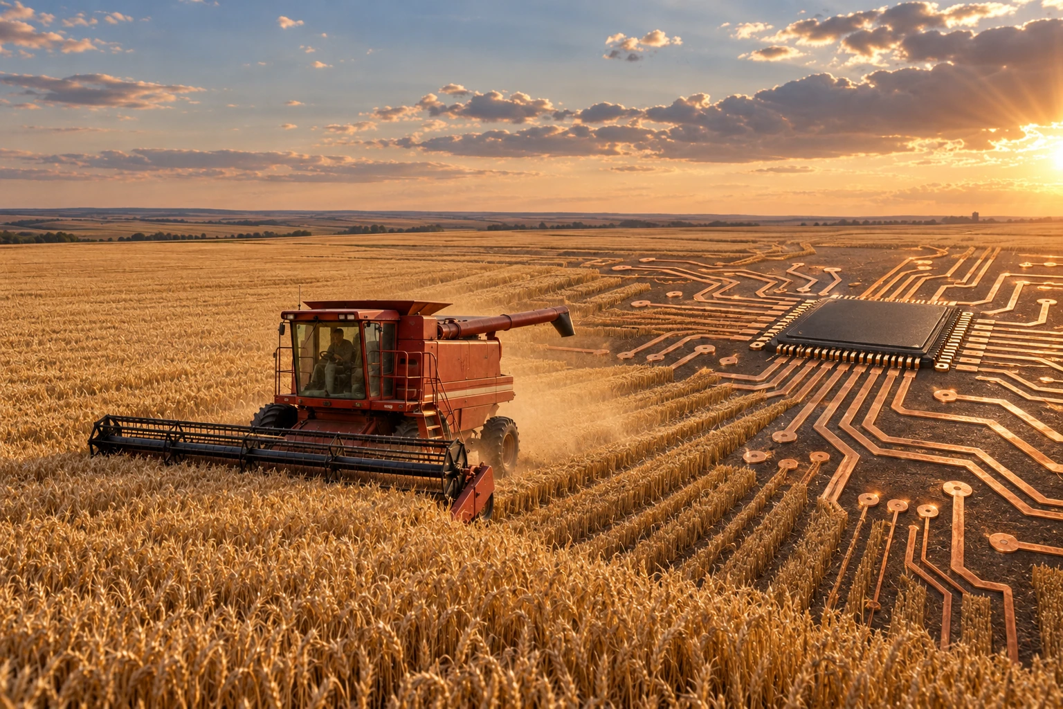 A combine harvests a golden wheat field beside a giant microchip and circuit traces at sunset.