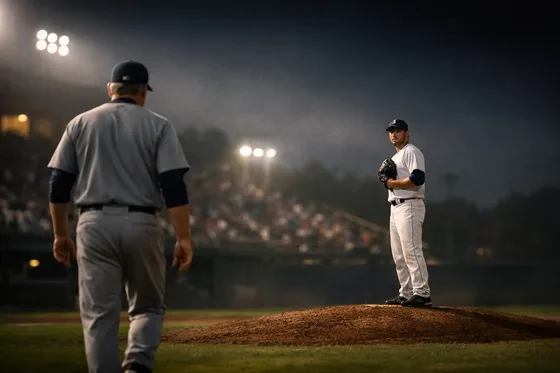 Baseball players and officials confer on a field under stadium lights.