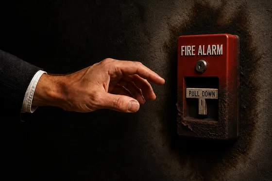 A businessperson reaches toward a red fire alarm.